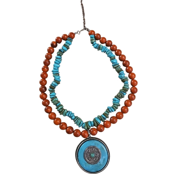 Bohemian Red and Blue Layered Necklace with Bold Pendant - Picture 2 of 5